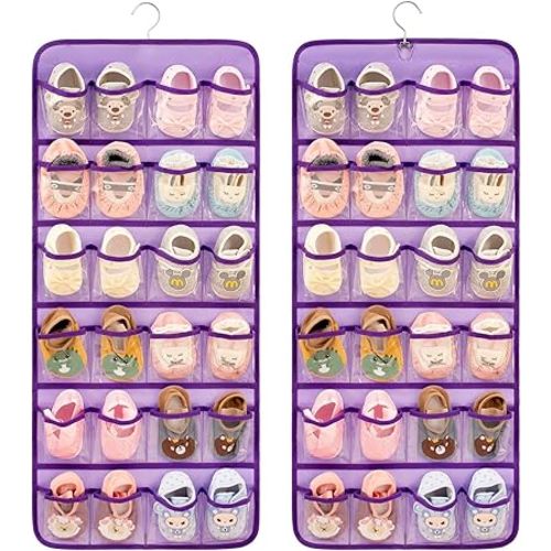 Dual-sided Baby Shoe Organizer Closet Hanging Toddler Shoes Storage for Kids Bow Socks Underwear Holder with 48 Clear Pockets (Purple)