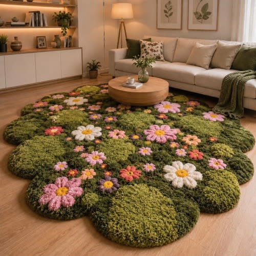 Luxury Floral Moss Rug, Handmade Tufted Flower Area Rug, Botanical Green Carpet, Irregular Shaped Rug, Daisy Moss Floor Rug, Aesthetic Rug