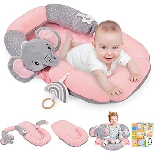 4 in 1 Tummy Time Mat & Seated Support Pillows with Educational Cards, Play Mat, Sitting Support for Newborn 0-12 Months, Infant Baby Sit Me Up Floor Seat, Sensory Development Gifts, Elephant