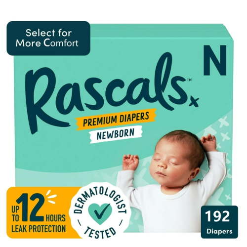 Rascals Premium Newborn Absorbent Baby Diapers Newborn, 192 Count (Select for More Comfort)