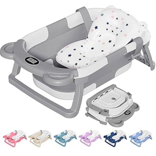 TPN Collapsible Baby Bathtub, Baby Bath Tub with Soft Cushion & Real-Time Thermometer, Baby Bathtub Infant to Toddler Tub (0-36 Months), Portable Newborn Travel Bath tub