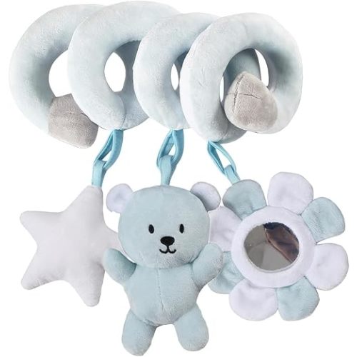 Car Seat Toys for Babies – Baby 0-6 Months Spiral Car Seat, Carseat Hanging for Newborn, Stroller & Crib with Rattle, BB Squeaker & Mirror, Infant 0-6 Months Baby