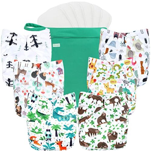 wegreeco Washable Reusable Baby Cloth Pocket Diapers 6 Pack + 6 Bamboo Inserts (with 1 Wet Bag, Forest, Animals) - Forest, Animals + 1 Wet Bag