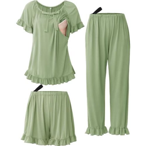 SUNNYBUY 3 PCS Ruffle Nursing Pajamas Set with Bow, Maternity Sleepwear