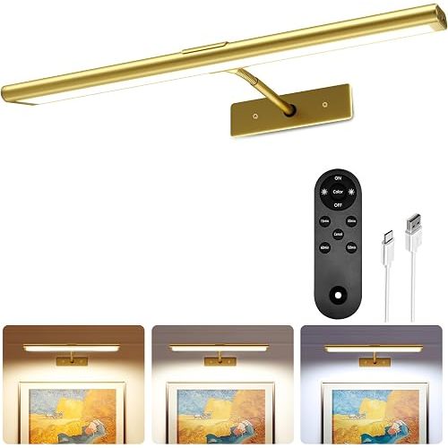 EZVALO Picture Light for Wall, 4800mAh Rechargeable Wireless Remote Lights, 16'' Dimmable Magnetic LED Art Painting Light with 3 Color Temps, Display for Gallery, Living Room, Bedroom, Hallway (Gold)
