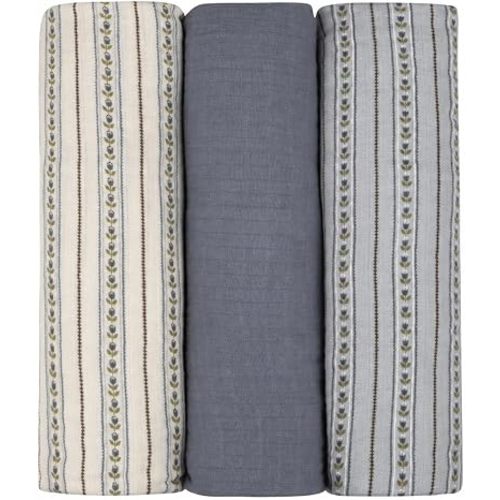 Ely's & Co. Muslin Swaddle Blankets 3-Pack for Baby Boy, 100% Cotton Muslin Extra Large Swaddle Receiving Blankets, 47"x47" (Blue Ivory Linear Tulip)