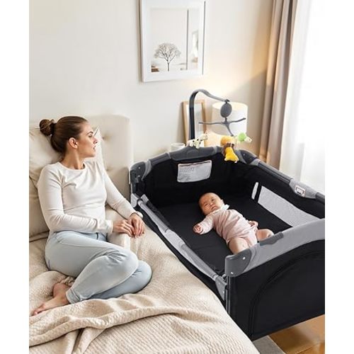 5 in 1 Baby Crib,Bedside Sleeper Bassinet,Pack and Play with Bassinet and Changing Table,Portable Travel Playpen Music Box,Portable Travel Crib for Infant Newborn (Black Gray)