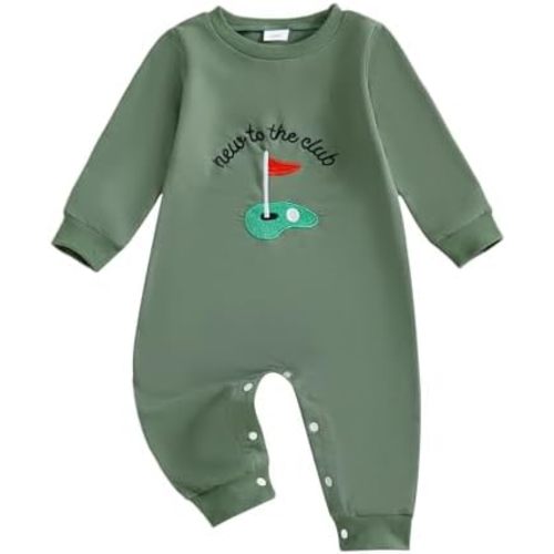 Infant Baby Boy Golf Outfit Crew Neck Embroidery Golf Cart Romper Jumpsuit Patchwork Long Sleeve One Piece Playsuit