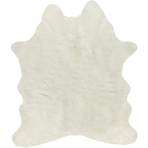 Luxe Faux Cowhide Rug for Rustic and Western Decor | Low Pile Faux Fur Rug with Off White Cow Print | Cruelty-Free Fade Resistant Living Room Rugs | 4-1/4 x 5 ft