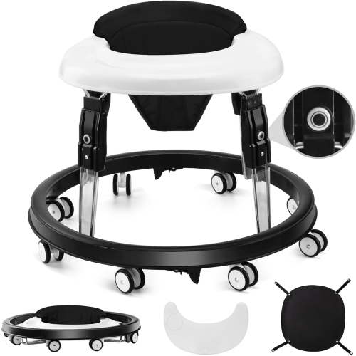 PRVAETU Foldable Baby Walker with Wheels,Height Adjustable,Large Dining Tray,Dust-Resistant Foot Pad,for 6-18 Months Infant,Black
