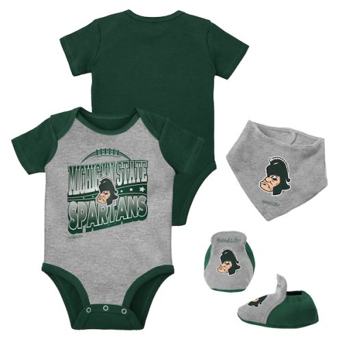 Infant Mitchell & Ness Green/Heather Gray Michigan State Spartans 3-Pack Bodysuit, Bib and Bootie Set