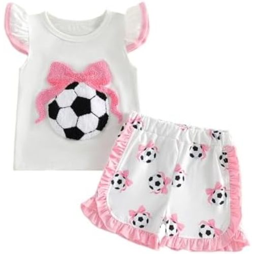Toddler Girl Golf Outfits Baby Hole In One Golf Fly Sleeve T-shirt Tops+Ruffle Trim Shorts 2Pcs Girls Summer Clothes