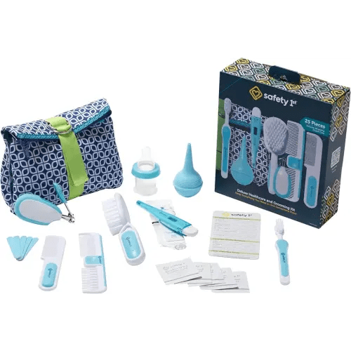 Safety 1st Deluxe Healthcare & Grooming Kit – Baby Essentials Set with 3-in-1 Thermometer, Nasal Aspirator, Nail Clippers, Medicine Dispenser, Brush & Comb, and More - Arctic Blue