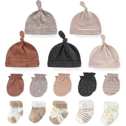 Newborn Baby Boy Girl Caps Mittens Socks Set Cotton Baby Essentials Accessories (Hats+Gloves+Socks)