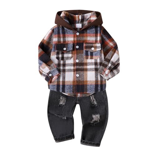 ODIMAME Toddler Baby Boy Fall Winter Clothes Long Sleeve Plaid Hooded Sweatshirt Ripped Holes Jeans Set 1-5 Years Old