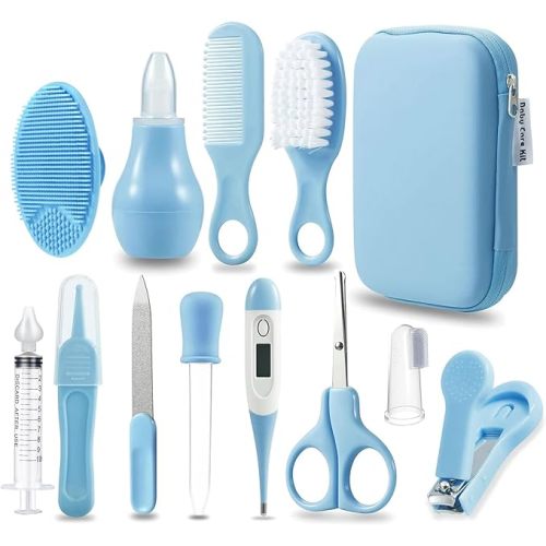 PandaEar Baby Healthcare & Grooming Kit - Baby Safety Set Comb, Brush, Finger Toothbrush, Nail Clippers, Scissors, Nasal Aspirator - Nursery Care Kit (Blue)