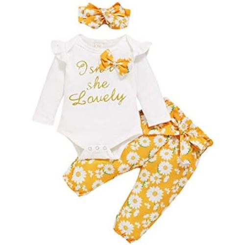 Isnt She Lovely 0-18M Infant Newborn Baby Girl Short Sleeve Bodysuit Tops Floral Pant Headband