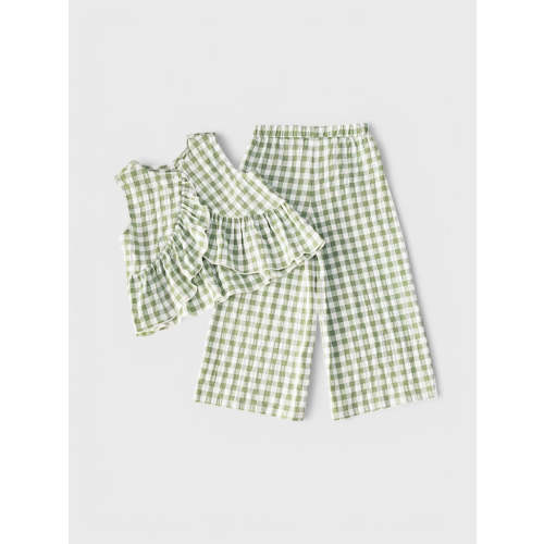 2 Pc Gingham Plaid Ruffle Trim Set