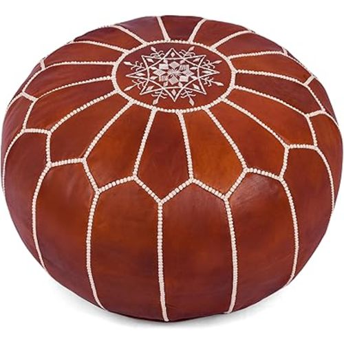 Marrakesh Gallery Genuine Leather Round Pouf Cover - Handmade Moroccan Ottoman Footstool, Unstuffed Footrest - Boho Decor - Bohemian Living Room, Bedroom, Kids Room - Housewarming Gift & Wedding