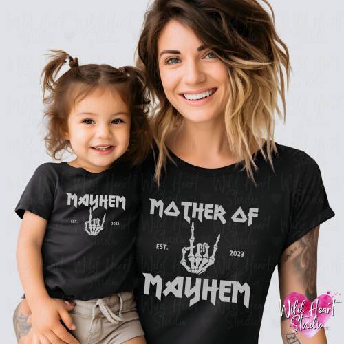 CUSTOM Mother of Mayhem Alt Rocker Mom Gift | Matching Mommy and Me Outfit Heavy Metal Pregnancy Announcement Gothic Clothes Deathcore Shirt