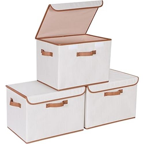 Univivi Heavy Duty Fabric Storage Bins with Lid, Large 17" 10 Gallon Stackable Storage Bins with Leather Handles, Decorative Storage Boxes with Lids for Bedroom, Closet, Nursery, Office, 3-Pack(Beige)
