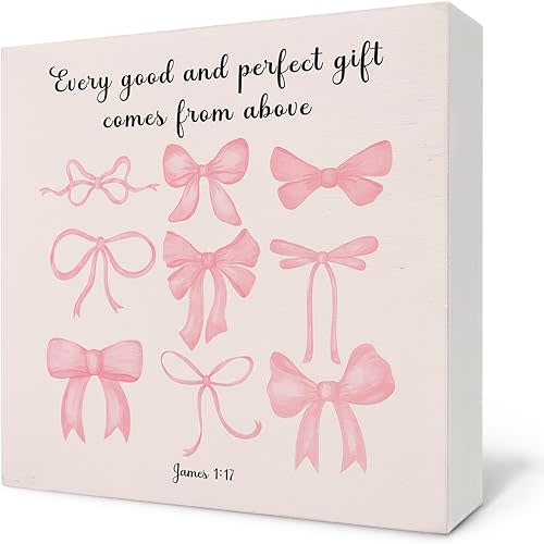 Pink Coquette Bows Signs - Christian Religious Wooden Box Sign, Preppy Room Decor Wooden Box Sign For House Table, Pink Bows decor For Girl Room Bedroom, 5x5 Inch