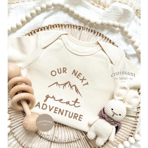 Embroidered Our next great adventure Onesie® Camping Personalized Pregnancy Announcement Baby Onesie®, Outdoor Baby Shower, Hiking Buddy,