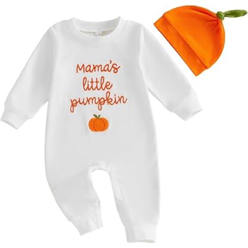2Pcs Neutral Outfits Newborn Baby Boy Girl Pumpkin Romper Jumpsuit My 1st Halloween Clothes with Hat