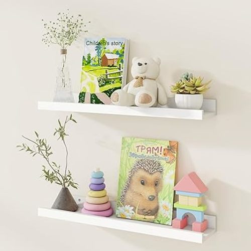 Picture Ledge Shelf, Pine Wood Floating Shelves Set of 2, 24 inch Nursery Book Shelves, Photo Ledge Book Shelves Wall Mounted for Living Room Kids' Room Bedroom - White