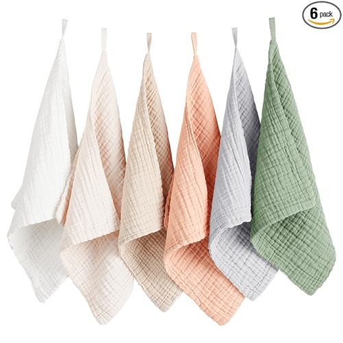 Konssy 6 Pack Baby Muslin Washcloths for Unisex 100% Cotton Wash Cloth Set for Baby Face Body Comfy and Soft for Newborn Infants Kids Girls and Boys