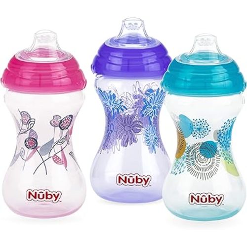 Nuby Clik-It No-Spill Baby Sippy Cup with Soft Spout - (3 Pack) 10 oz - 6+ Months - Pink/Purple/Aqua