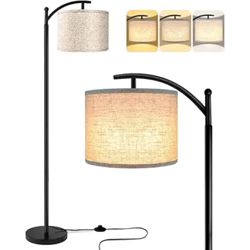 ROTTOGOON Floor Lamp for Living Room with 3 Color Temperatures LED Bulb, Standing Lamp Tall Industrial Floor Lamp Reading for Bedroom, Office (9W LED Bulb, Beige Lampshade Included) -Black