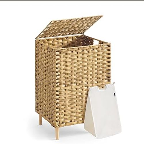 SONGMICS Laundry Hamper with Lid, 25 Gal (95L) PE Rattan Laundry Basket with Removable Washable Liners, for Bedroom & Living Room, Goose Yellow ULCB221YE01