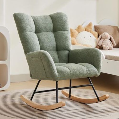 Rocking Chair Nursery, Teddy Upholstered Glider Rocker with High Backrest, Reading Chair Modern Rocking Accent Chairs with Side Pockets, White