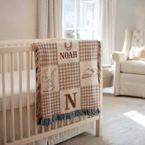 Personalized Cowboy Woven Baby Blanket, Western Cowboy Boys Blanket, Heirloom Blanket, Newborn Name Blanket, Baby Name Woven Throw Blanket