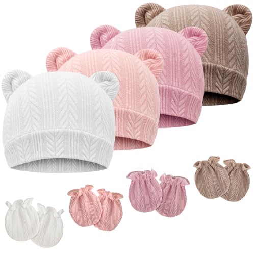 Newborn Baby Hat and Mittens Set Bear Ears Toddler Infant Beanie Caps Newborn Hospital Hat for Baby Boy Girl 0-3 Months