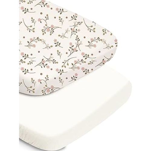 Bassinet Fitted Sheet Set - Pink Vintage Floral&Beige, Universal Fit for Baby Girls, Soft and Cozy, Compatible with Halo, Mika Micky, Baby Delight, and More