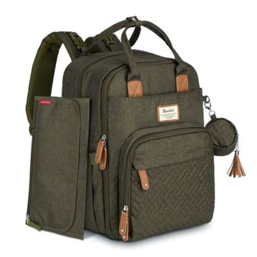 Ruvalino Large Diaper Bag Backpack, Waterproof Maternity Baby Travel Bag with Changing Pad & Stroller Straps and Insulated Bottle Holders - Olive