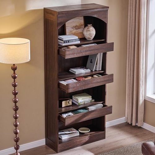 IFGET 76" Tall Arched Bookcase with 1PC Magnetic Lock Drawer, Modern Wooden Arch Bookshelf w/3 Pull-Out Drawers, Farmhouse 4 Tiers Book Shelf w/Open Shelves for Living Room, Office (Brown)