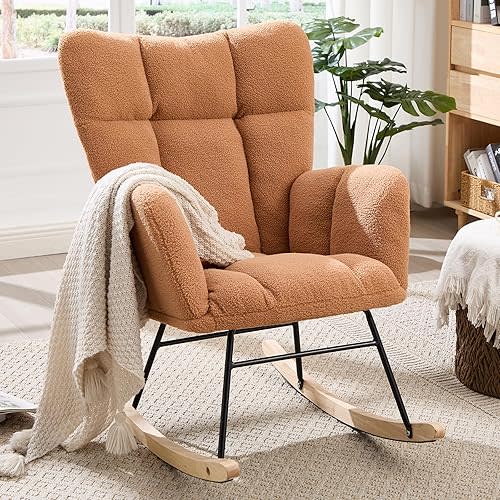 Nursery Rocking Chair, Teddy Upholstered Glider Rocker Padded Seat with Armrest, Tufted Glider Chair with Thick Cushion, Rocking Accent Chair, High Backrest Armchair for Bedroom (Kahaki)