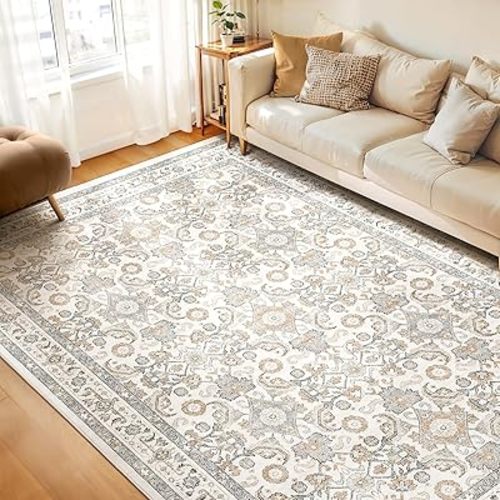 WITSHOCK 8x10 Area Rugs for Living Room:Floral Washable Rug Vintage Large Soft Boho Non-Slip Carpet Indoor Floor for Bedroom Dining Room Farmhouse Nursery Home Office,Camel
