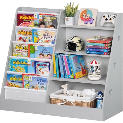 Lerliuo 4 Tier Kids Bookshelf and Storage Organizer, Five Layer Sling Children Bookcase, Baby Toddler Wooden Book Shelf, Display Cabinet for Playroom, Bedroom, Classroom, Nursery, School (Brown)