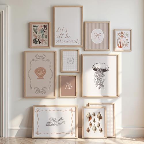 Pink Mermaid Gallery Wall Art, Vintage Girls Room Posters Set of 10, Coastal Sea Wall Art, Trendy Dorm Room, Digital Download