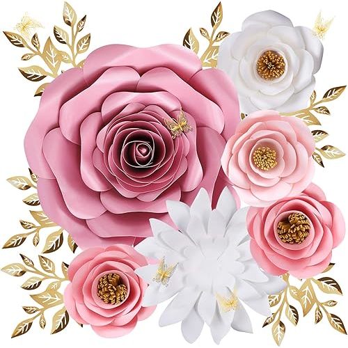 Large Paper Flowers Wall Decor for Baby Girl Nursery (Pre-Assembled) - 300gsm Pearlized Cardstock 3D Roses with Gold Butterflies - Renter-Friendly Nano Tape & Reusable Backdrop (Pink, Set of 6)