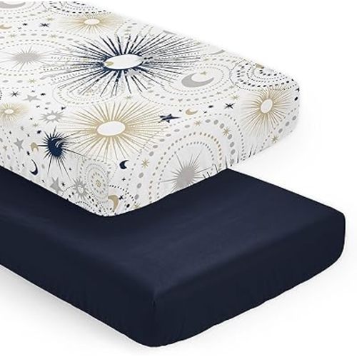Sweet Jojo Designs 2-Piece Baby Crib Sheets Set (Star and Moon) for Boys, Infant Nursery, Toddler Room - Fitted, Standard Size (Solid Navy Blue & Celestial, Sky, Stars, Outerspace, Moons and Stars)