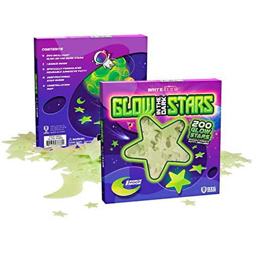 200 PK Green Glow in The Dark Stars for Ceiling Christmas Stocking Stuffers for Kids - Brite Plastic Glow Stars with Moon & Putty Age 4,5,6,7,8,9,10,11,12 for Bedroom Space Night Light Christmas Gifts