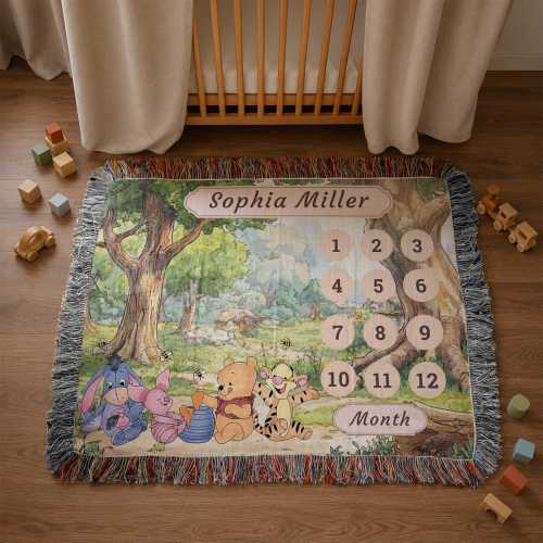 Personalized Classic Pooh Baby Blanket, Monthly Milestone Tracker, Storybook First Year Heirloom Nursery Gift 60x50