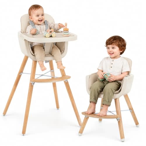 HONEY JOY Baby High Chair, 6-in-1 Eat & Grow Wooden Highchair/Toddler Chair with Removable Tray, 5-Point Harness, PU Cushion and Footrest, Convertible High Chair for Babies and Toddlers(Beige)
