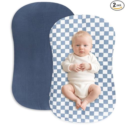 Hooyax Muslin Baby Lounger Cover 2 Pack - 100% Breathable Cotton Soft Infant Lounger Covers, Fits Most Standard Newborn Loungers & Pillows (Blue Checker + Navy)