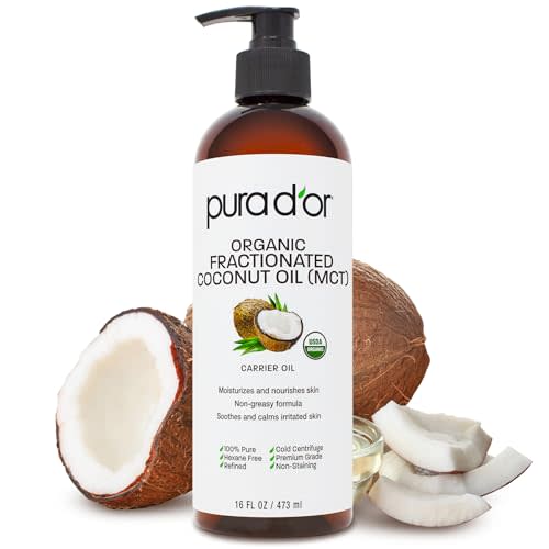 PURA D'OR 16 Oz ORGANIC Fractionated Coconut Oil – USDA Certified – MCT Oil – Therapeutic, Hydrating, Lightweight Moisturizer – Hexane Free Carrier Oil For Essential Oils & Massage – Face, Hair & Body